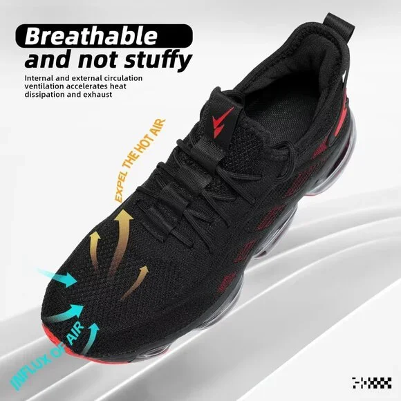 Men's Black Red Running Shoes Air Cushion Slip on Walking Tennis Sneakers